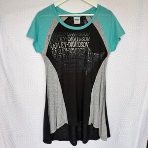 Harley-Davidson Women Colorblock Raglan High Low Top Teal Gray Black Medium